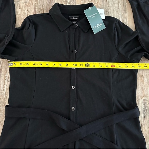 L.L.Bean Button Front Knit Belted Dress Black Size Medium Petite Career Wear NWT - Picture 7 of 9